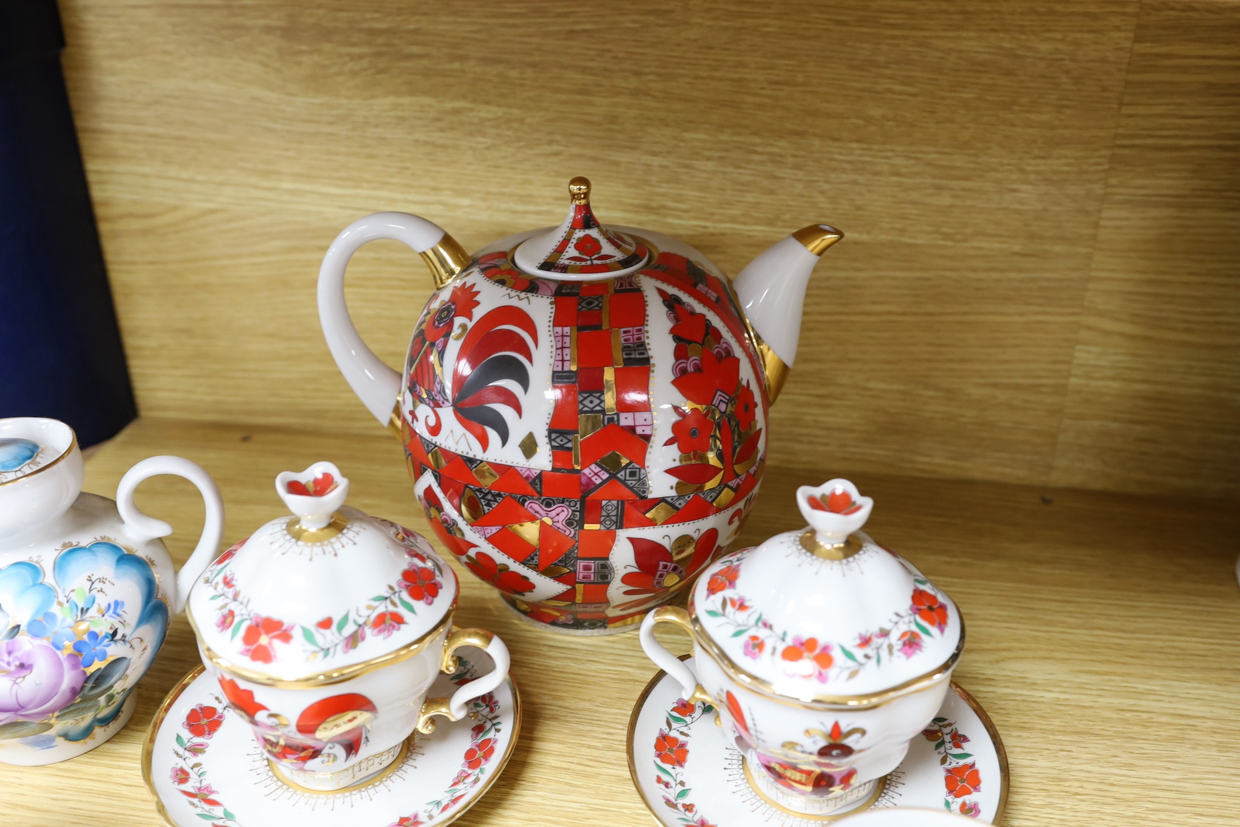 A group Russian Lomonosov teawares, 1990s, largest teapot 21cm high
